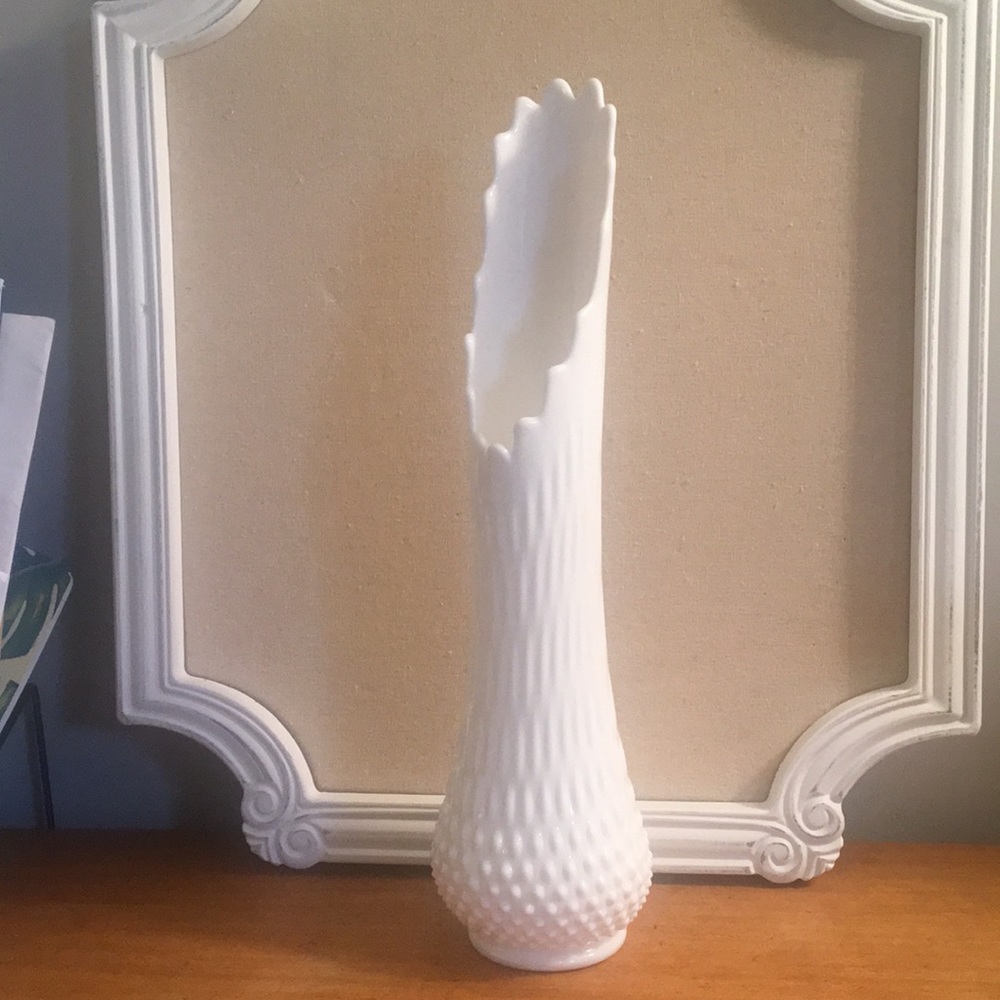 Tall Stretched Hobnail Milk Glass Vase